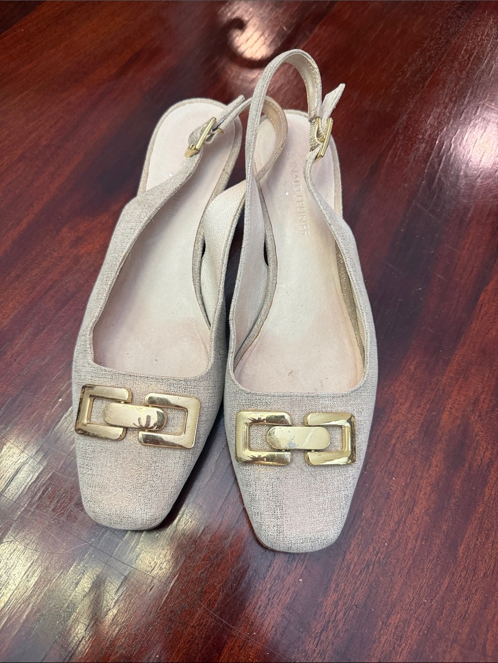 Donald J. Pliner Beige Slingback Mules with Gold Buckle